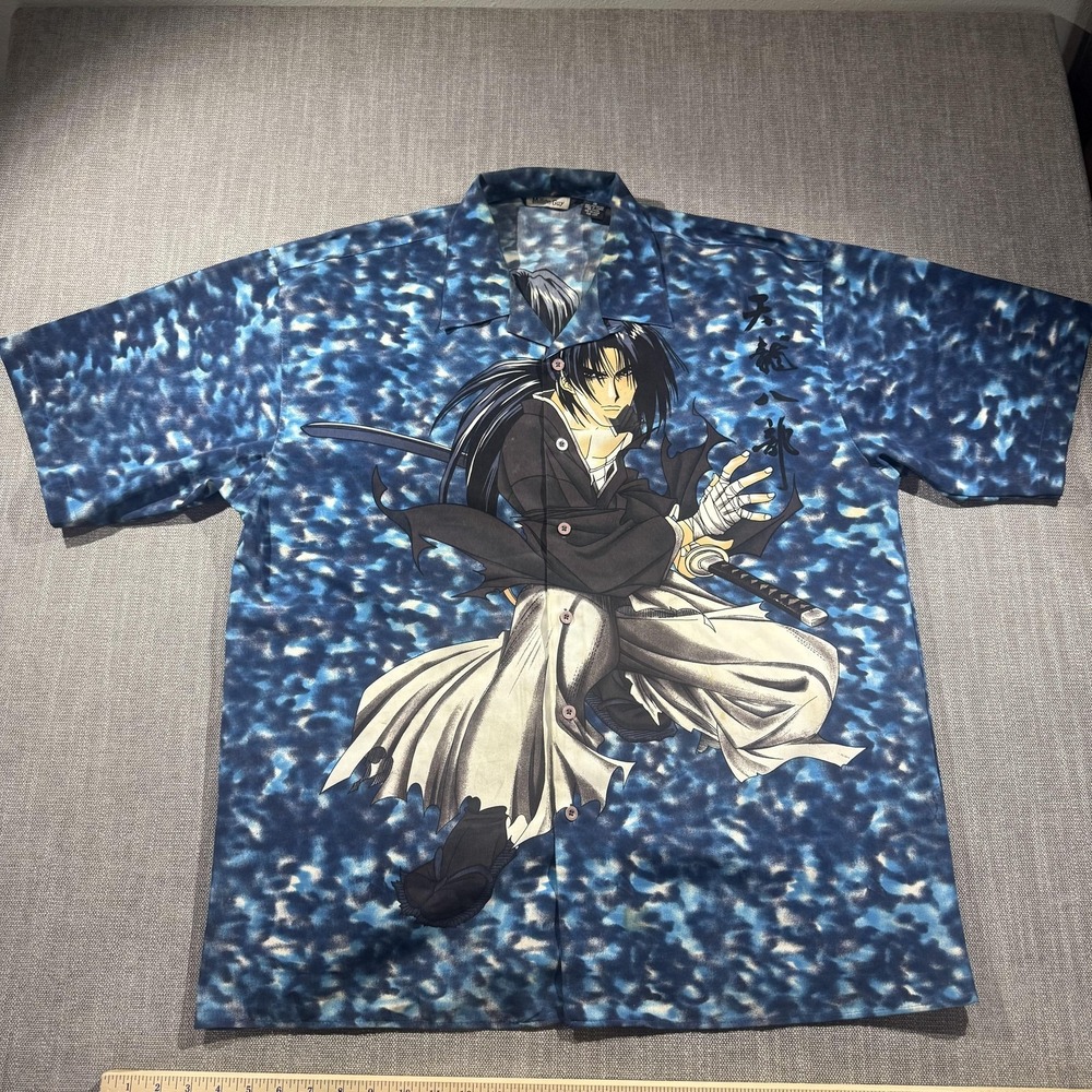 Million Guy Shirt Mens 2XL Blue Anime Samurai Short Sleeve Button Up Manga Y2K